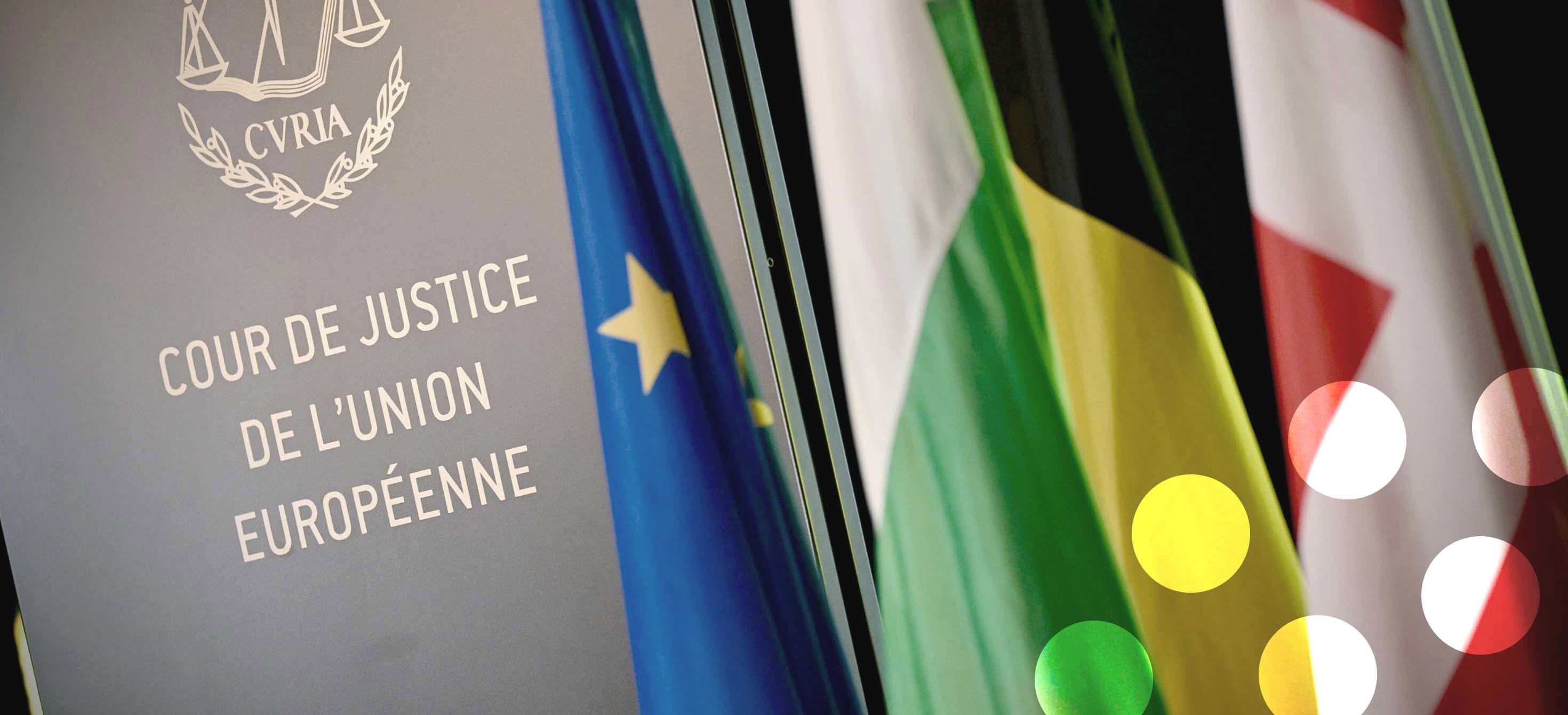 Image of European Unions and national flags in front of the European Court of Justice logo