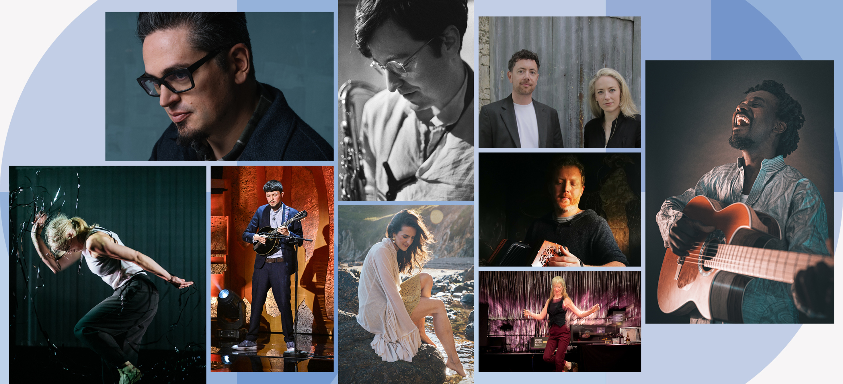 Montage of images of diverse cultural performances on a blue background