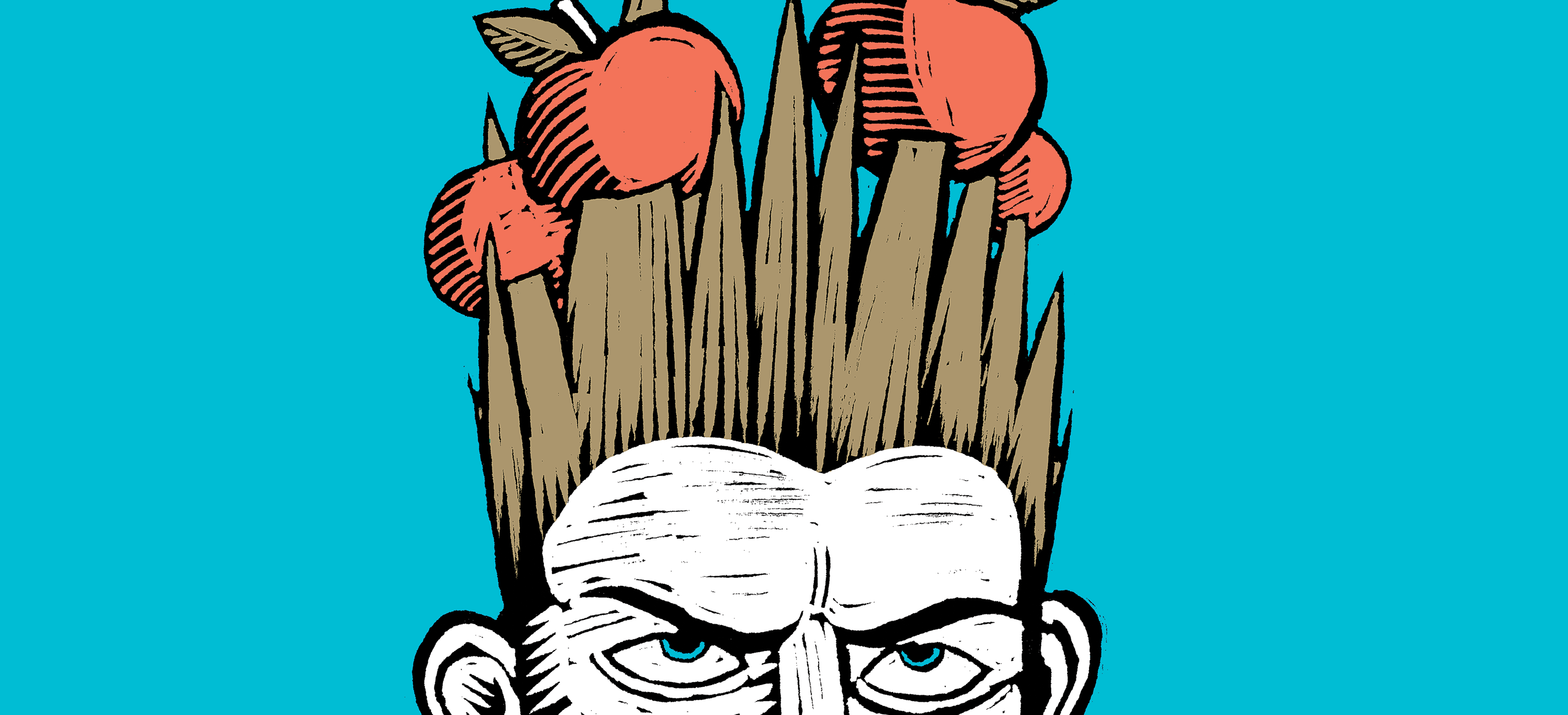 Animated image of a man with apples stuck to his sharp, spikey hair on a blue background