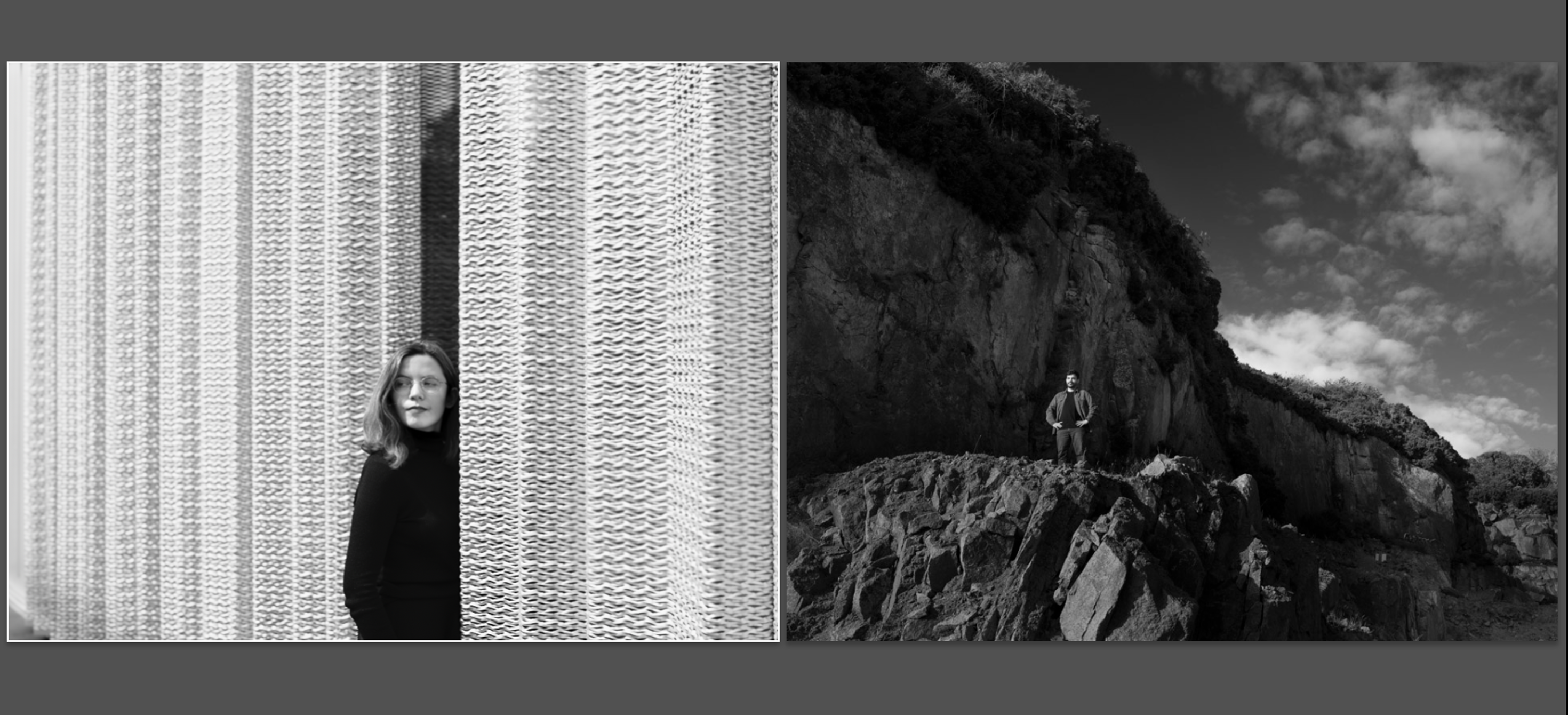 Black and white photograph montage with the left side showing a woman between two curtains and the right side depicting a man on a mountainous ledge